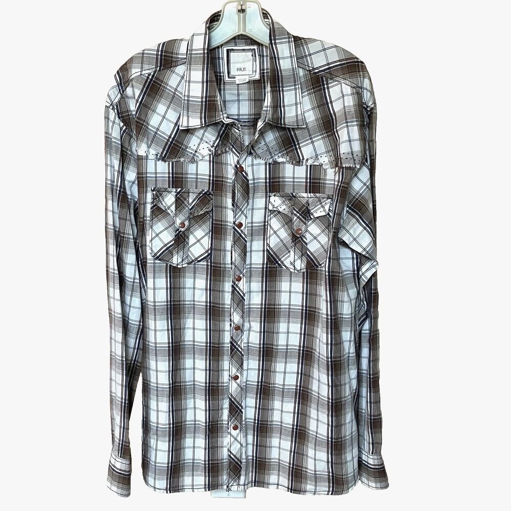 BKE Shirt Athletic Fit Men’s XL Long Sleeve Plaid Snap Raw Hem Western Indie Y2K